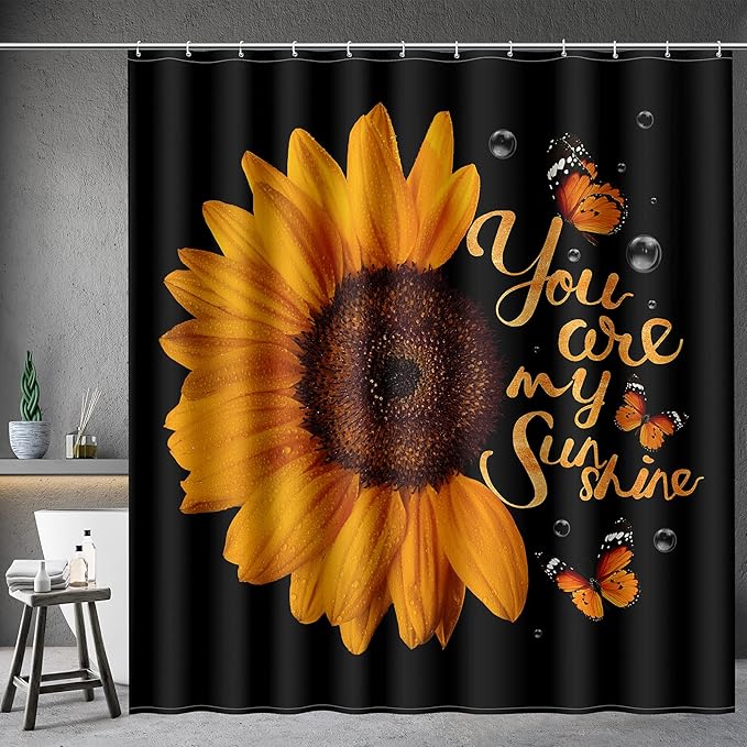 Aimego Sunflower Shower Curtain Butterfly Floral You are My Sunshine on Black Background Farmhouse Shower Curtain Set with 12 Hooks for Bathroom Decor Accessories Bathtub Curtain, 72"x72"