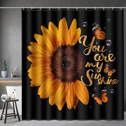Aimego Sunflower Shower Curtain Butterfly Floral You are My Sunshine on Black Background Farmhouse Shower Curtain Set with 12 Hooks for Bathroom Decor Accessories Bathtub Curtain, 72"x72"
