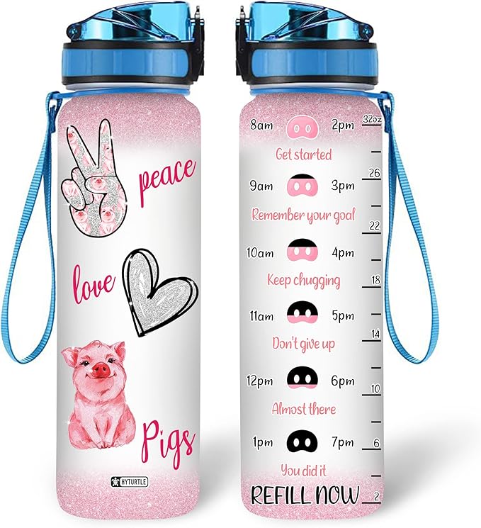 Hyturtle Peace Love Pig 32Oz Liter Motivational Water Bottle With Time Marker, Gift For Women Girls Friends Kids Family Pig Lovers On Birthday Mother's Day Anniversary