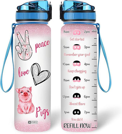Hyturtle Peace Love Pig 32Oz Liter Motivational Water Bottle With Time Marker, Gift For Women Girls Friends Kids Family Pig Lovers On Birthday Mother's Day Anniversary