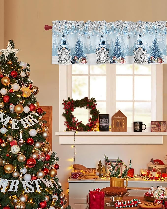 Christmas Gnome Valance Curtains for Kitchen Windows Winter Merry Christmas Tree Balls Rod Pocket Window Treatment Toppers for Kitchen/Living Room/Bedroom/Bathroom, 42" X 12", Blue