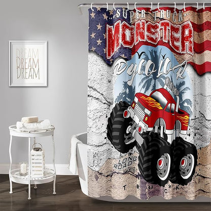 AILONEN Monster Truck Shower Curtain, American Flag Truck Bath Curtain for Boys,Red Truck Car Bathroom Decor Waterproof Fabric 72" W*72" H Inch with 12 Plastic Hooks