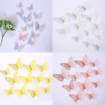 3D Butterfly Wall Decor 48 Pcs 4 Colors 3 Sizes,Gold Silver Laser Rose Butterfly Decorations for Butterfly Birthday Decorations Butterfly Party Decorations Cake Decorations,Removable Sticker (Style-G)