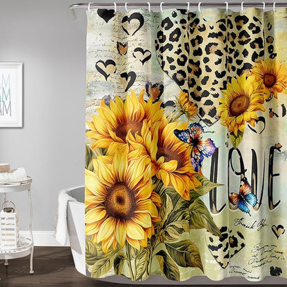 AILONEN Sunflower Waterproof Shower Curtain,Yellow Sunflower Bath Curtain for Girls Women,Romantic Hearts Butterfly Flower Bathroom Curtain with 12 Plastic Hooks, 36" W x 72" H