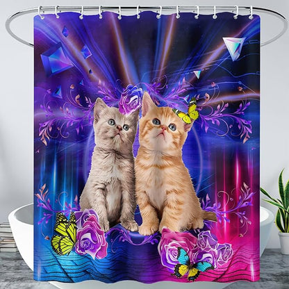 AILONEN 3D Cat Shower Curtain,Cute Kitten Shower Curtain Set for Kids Boys Girls,Cat Lovers Animal Shower Curtain for Bathroom,Rose with Butterfly Bath Curtain with Hooks,60" W*72" H