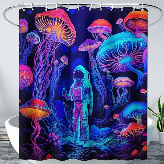 AILONEN Magic Mushroom Shower Curtain,Cartoon Astronaut Shower Curtain Set for Bathroom,Boho Style Jellyfish Waterproof Fabric Bath Curtain for Kids Girls Boys, 72" W*72" H
