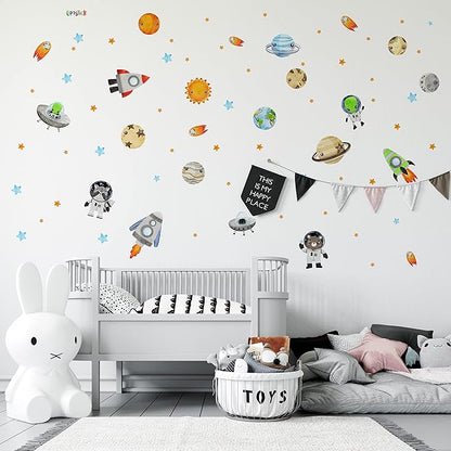 Large Solar System Wall Decals for Kids by Lipastick - 113 pcs Space Animal Wall Stickers Boys Room Playroom - Galaxy Wall Decor - Kids Vinyl Wall Decal Peel and Stick - Outer Space Decoration M Size