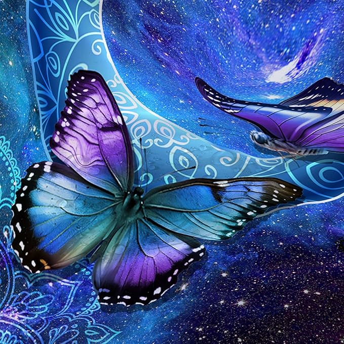 AILONEN Butterfly Shower Curtain, Mystic Moon Cloth Bath Curtain Set for Teen Adults Bathroom,Beautiful Purple Butterfly Starry Night Shower Curtain Liner,48" W*72" H
