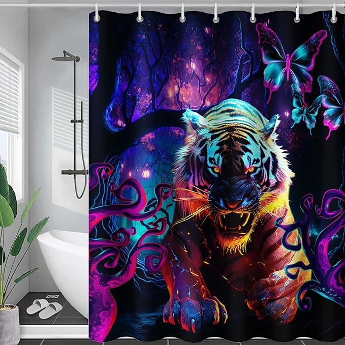 AILONEN 3D Tiger Shower Curtain for Bathroom,Purple Magic Forest Wildlife Printed Bath Curtain,Boys Roaring Tiger Decoration Shower Curtain Waterproof 60" W*72" H