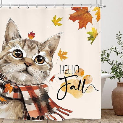 Autumn Funny Shower Curtain 60Wx72L Inch Cute Cat Hello Fall Maple Harvest Pet Seasonal Lovely Thanksgiving Bathroom Set Accessories Decor with 12 Pack Hooks