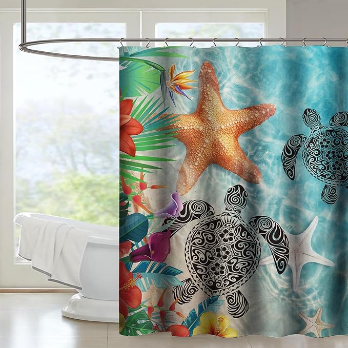 AILONEN Sea Turtle Shower Curtain,Sea Turtle with Starfish Bath Curtain Cloth Fabric Bathroom 72" W*72" H Inch,12 Pack Hooks for Kids,Ocean Themed Bathroom Curtain