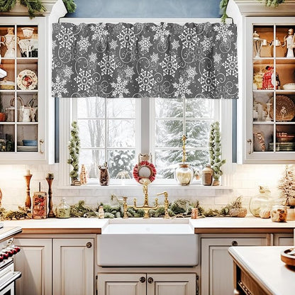Christmas Valance Curtains for Kitchen Windows Grey White Snowflakes Pattern Rod Pocket Window Treatment Toppers for Kitchen/Living Room/Bedroom/Bathroom, 60" X 18", Winter