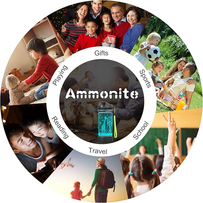 Ammonite Giraffe Kids Water Bottle with 3D Glowing LED Light - 14 OZ Tritan BPA Free - Creative Ideal Travel Cup Gift for School Kid Boy Child Holiday Camping Picnic