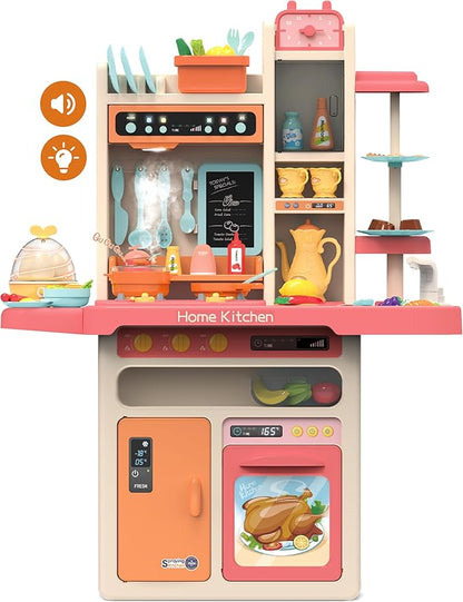 Kids Play Kitchen Set: 27.95 x 11.22 x 36.81 Inches, 65-Piece Toy Set, Functional Faucet, Steaming, Lights and Sound, Educational Toy with Kitchen Accessories, for Kids 3 and Up (Pink)