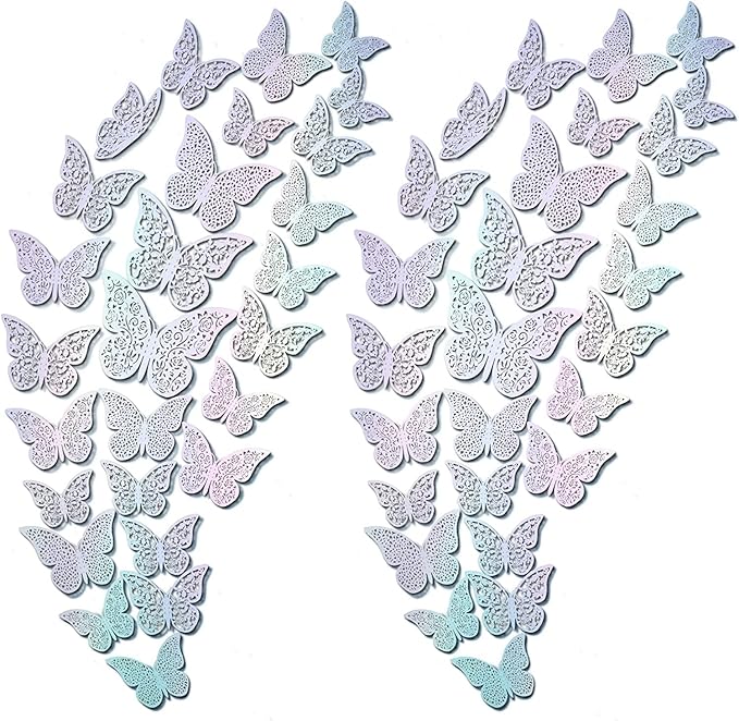 72Pcs 3D Butterfly Wall Decor 3 Sizes 3 Styles, Removable Butterfly Stickers Wall Decals, Butterfly Decorations Party Birthday Cake Decoration for Kids Nursery Wedding Bedroom Room(Colour)