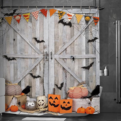 Halloween Pumpkin Bat Shower Curtain 60Wx72L Inch Horror Spooky Scary Barn Door Farmhouse Rustic Wood Wooden Holiday Bathroom Set Accessories Decor with 12 Pack Hooks