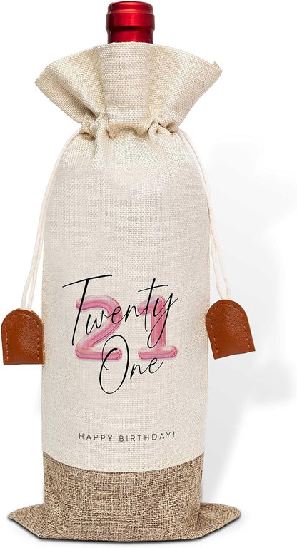 21th Birthday Wine Bag, Cotton Linen Wine Gift Bag With Drawstring, Wine Champagne Bottle Gift Bag, 21st Birthday Gifts Wine Bag for Woman Her Girl Friend Sister, 21th Birthday Party Favors-14