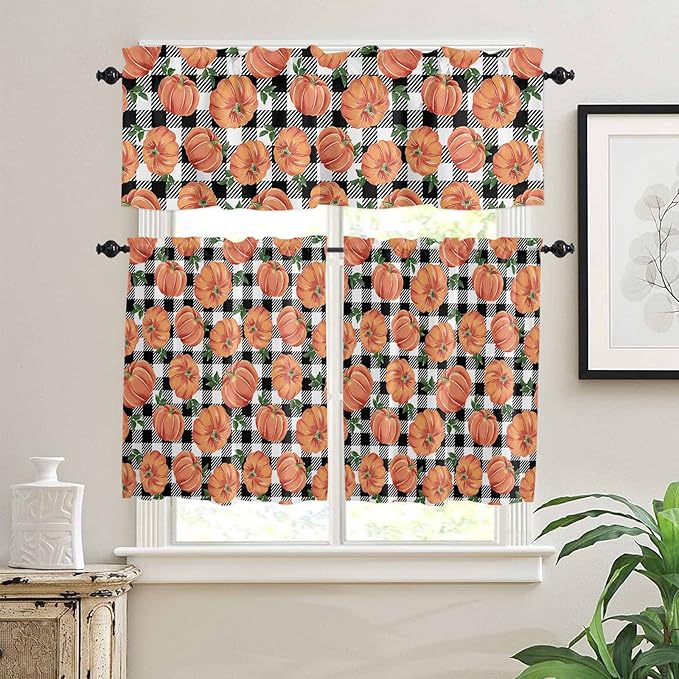 Fall Kitchen Curtains and Valances Set, Thanksgiving Halloween Pumpkins Small Windows Treatments Tiers Half/Short Curtains forCafe /Living Room/Bedroom 54x24 in, Farmhouse Black White Buffalo Plaid