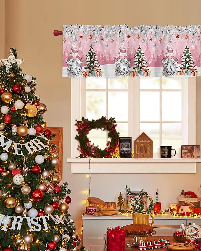 Christmas Gnome Valance Curtains for Kitchen Windows Winter Merry Christmas Tree Balls Rod Pocket Window Treatment Toppers for Kitchen/Living Room/Bedroom/Bathroom, 60" X 18", Pink
