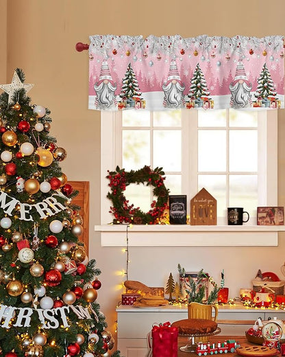 Christmas Gnome Valance Curtains for Kitchen Windows Winter Merry Christmas Tree Balls Rod Pocket Window Treatment Toppers for Kitchen/Living Room/Bedroom/Bathroom, 60" X 18", Pink