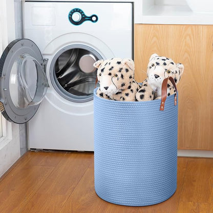 80L Large Rope Basket, Woven Rope Storage Basket with Leather Handles, Dog Toy Storage Basket, Bedroom, Nursery Blanket Storage, Bathroom Laundry Basket, 16“x20” Tall Rope Basket (Blue)
