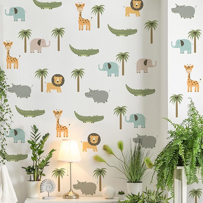 5PCS Cartoon Animal Wall Decal Removable DIY Elephant Hippopotamus Giraffe Lion Crocodile Wall Decal Peel and Stick Coconut Tree Wall Art for Baby Nursery Bedroom Living Room Playroom Decor (A)