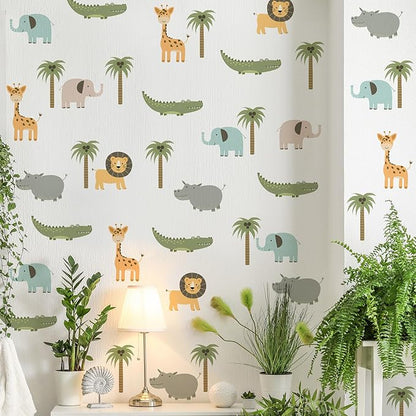 5PCS Cartoon Animal Wall Decal Removable DIY Elephant Hippopotamus Giraffe Lion Crocodile Wall Decal Peel and Stick Coconut Tree Wall Art for Baby Nursery Bedroom Living Room Playroom Decor (A)