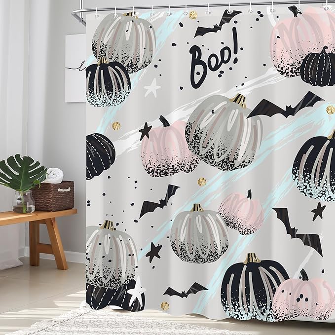 Abstract Halloween Pumpkin Shower Curtain 60"X72" Pink Grey Shower Curtain Set for Bathroom Spooky Bat Cute Cartoon Waterproof Bathtub Curtain Decor Kids Girls Fall Bathroom Curtain with Hooks