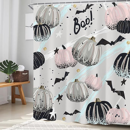 Abstract Halloween Pumpkin Shower Curtain 60"X72" Pink Grey Shower Curtain Set for Bathroom Spooky Bat Cute Cartoon Waterproof Bathtub Curtain Decor Kids Girls Fall Bathroom Curtain with Hooks