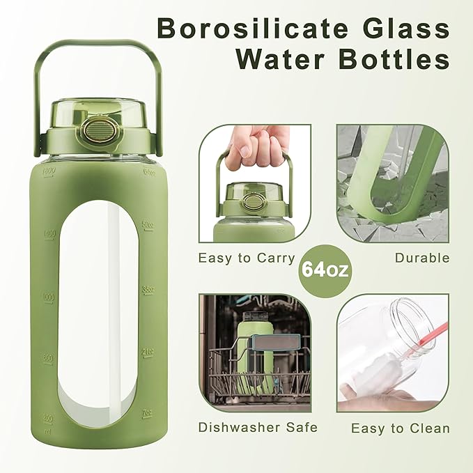 64 Oz Glass Water Bottle with Straw and Lid, Sports Motivational Water Bottle, Leakproof Water Jug Fitness with Silicone Sleeve for Gym, Green