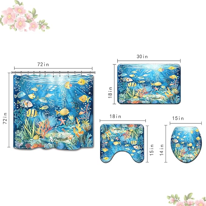 4PCS Fish Shower Curtain Set with 12 Hooks for Bathroom Sets Fish Decor, Non-Slip Rugs and Toilet Mat Lid Rug, Durable Waterproof for Bathroom Ocean Underwater World Decor 72x72 Inch