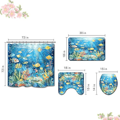 4PCS Fish Shower Curtain Set with 12 Hooks for Bathroom Sets Fish Decor, Non-Slip Rugs and Toilet Mat Lid Rug, Durable Waterproof for Bathroom Ocean Underwater World Decor 72x72 Inch