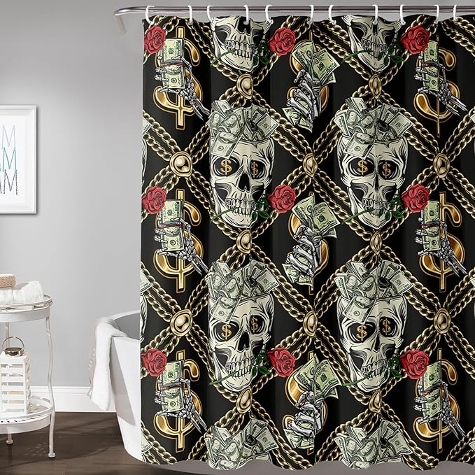 AILONEN Skull Shower Curtain for Boys,Gold Money Skeleton Bath Curtain for Decor,Luxurious Skull Print Shower Curtain with 12 Plastic Hooks,Waterproof 72" W*78" H