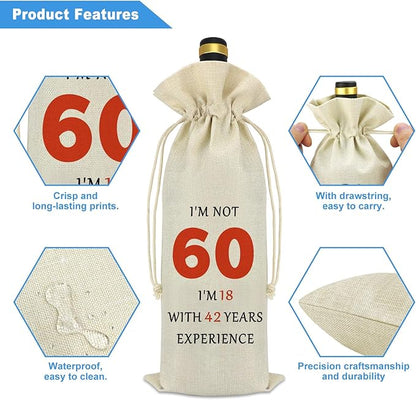 60th Gifts Idea 60th Birthday Decorative Wine Bag Funny 60 Year Old Birthday Gifts for Women Men Happy 60th Birthday Retirement Gift for Grandmother Grandpa Aunt Dad Mom Birthday Party Wine Bottle Bag
