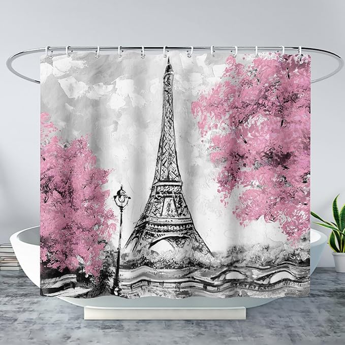 AILONEN Paris Tower Shower Curtain,Retro Gray Tower Waterproof Shower Curtain Set for Boys Kids Teens, 72" W*72" H Cherry Tree Eiffel Tower Pen Drawing Style Shower Curtains
