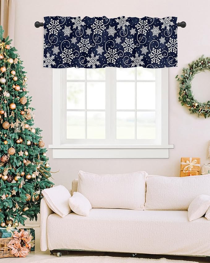 Christmas Valance Curtains for Kitchen Windows White Navy Snowflakes Pattern Rod Pocket Window Treatment Toppers for Kitchen/Living Room/Bedroom/Bathroom, 54" X 18", Winter