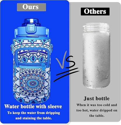 64 oz Water Bottle with Straw Sleeve & Strap Motivational Half Gallon Water Jug with Handle for Gym Women Men Aesthetic Water Bottle with Strap Datura