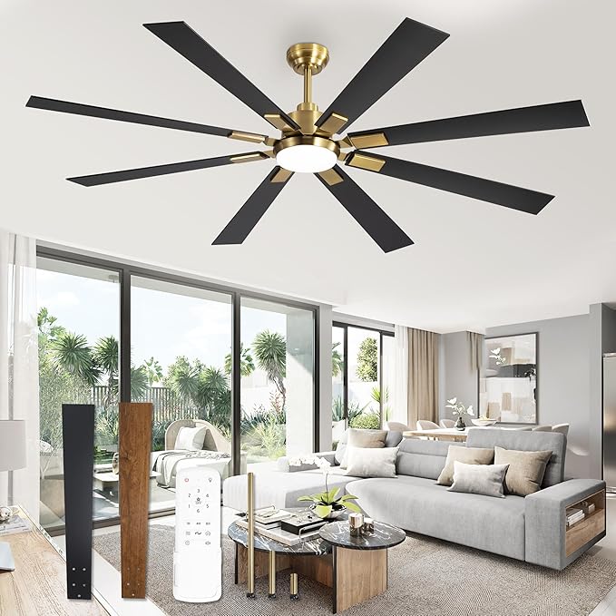 72 inch Black and Gold Ceiling Fans with Lights and Remote, Indoor/Outdoor Ceiling Fan for Patio Living Room, 6 Speed Reversible Quiet DC Motor, 3 CCT, Dual Finish Blades