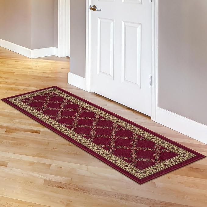 Ottomanson Machine Washable Trellis Design Non-Slip Rubberback 2x7 Modern Runner Rug for Hallway, Kitchen, Living Room, Bedroom, 1'10" x 7', Red Trellis