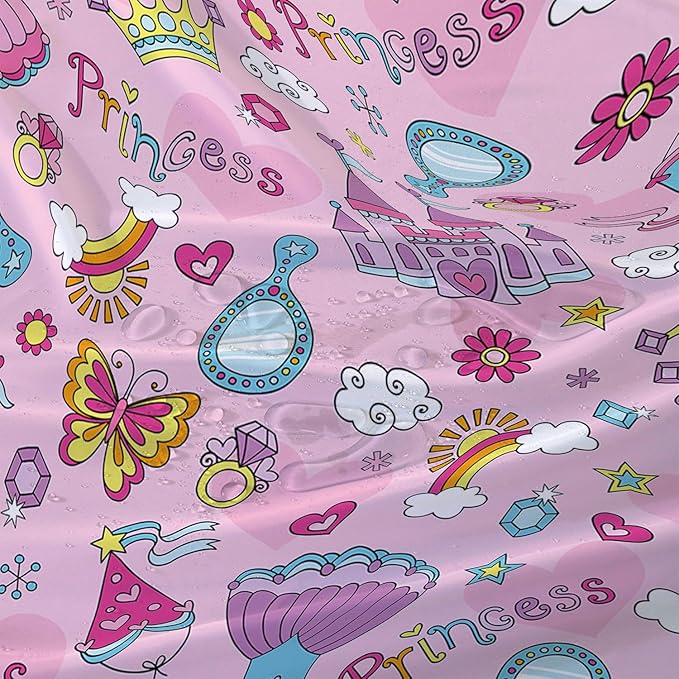 AILONEN Princess Dress Shower Curtain,Cartoon Sparkling Star Diamond Waterproof Shower Curtain Set for Girls Kids Teens, 72" W*72" H Pink Castle Jewelry Shower Curtain for Bathroom