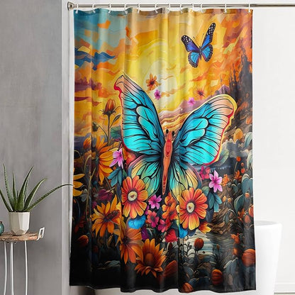 AILONEN Beautiful Butterfly Shower Curtain,Blue Butterfly with Sunflower Bath Curtain for Bathroom for Boys,Girls,Natural Plants Waterproof Fabric Shower Curtain Set with Hooks,72" W*78" H
