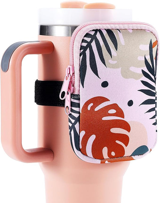 Water Bottle Pouch Cup Accessories for Women Quencher Adventure IceFlow 20oz 30oz 40oz Tumbler Pouch with Handle Running Pouch Bag for Cards Keys(Khaki Leaf)