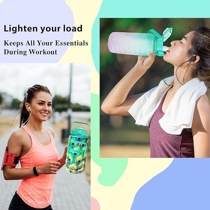 64 oz Water Bottle with Straw Sleeve & Strap Motivational Half Gallon Water Jug with Handle for Gym Women Men Aesthetic Water Bottle with Strap Peacock Feather