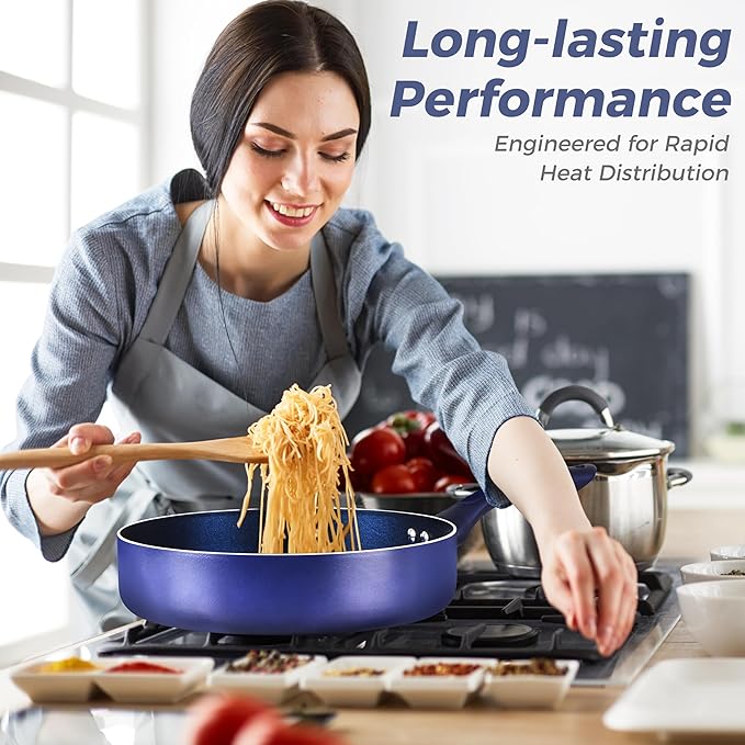 Clockitchen Non Stick Pots and Pan Set, Ceramic Cookware Set with Stay-Cool Handles, 10pcs Blue Induction Cooking Set Suitable for Gas, PFOA Free