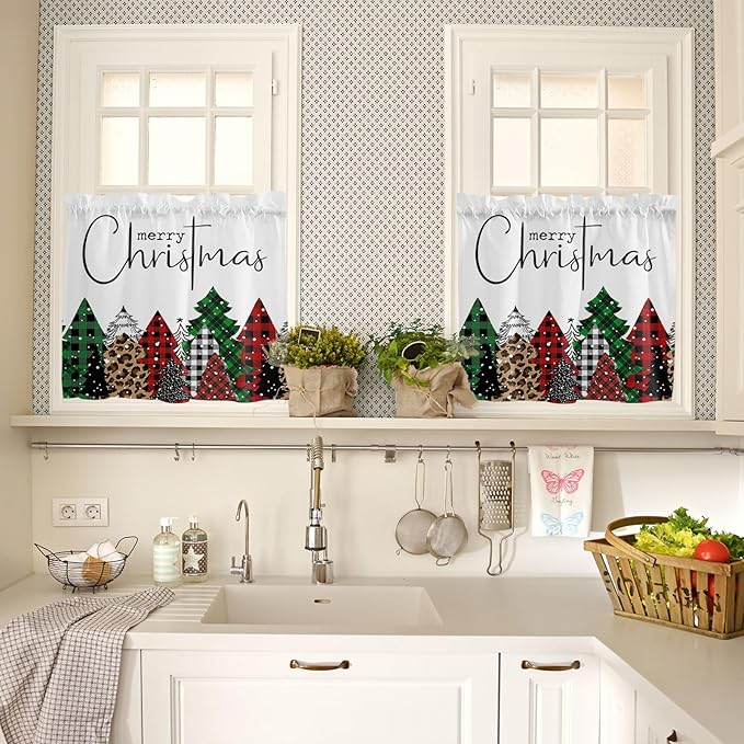 Merry Christmas Kitchen Curtains and Valances Set, Buffalo Plaid Xmas Tree Winter Forest Farmhouse Small Windows Treatments Tiers Short Curtains for Cafe /Living Room/ Bedroom 54x36 in Red Green