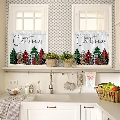 Merry Christmas Kitchen Curtains and Valances Set, Buffalo Plaid Xmas Tree Winter Forest Farmhouse Small Windows Treatments Tiers Short Curtains for Cafe /Living Room/ Bedroom 54x24 in Red Green