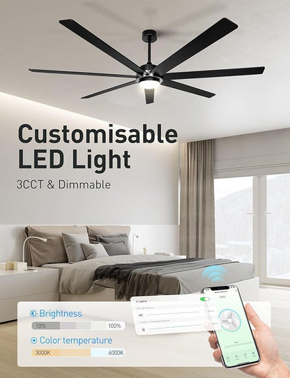 72" Black Smart Ceiling Fan with Light and Remote via WiFi Alexa APP Control,6 Speed Quiet DC Motor,Dimmable LED Light,7 Wood Blades Indoor Outdoor Ceiling Fans for Patios or Bedroom