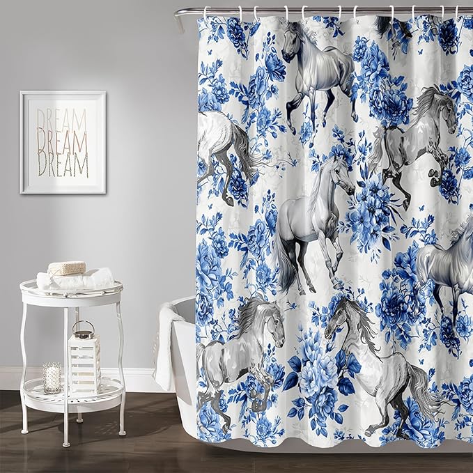 AILONEN Blue Floral Horse Shower Curtain,Farm Animal Printed Galloping Horse Bath Curtain,Minimalist Flower Girls Women Bathroom Curtain Decor, 36" W x 72" H