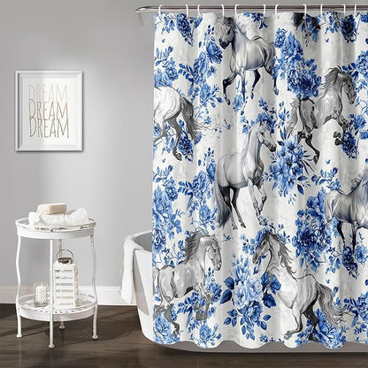 AILONEN Blue Floral Horse Shower Curtain,Farm Animal Printed Galloping Horse Bath Curtain,Minimalist Flower Girls Women Bathroom Curtain Decor, 36" W x 72" H