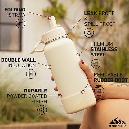 Hydrapeak 32oz Sport Insulated Water Bottle with Straw or Chug Lid, Leak & Spill Proof, Keeps Drinks Cold for 24 Hours, Hot for 12 Hours, Premium Stainless Steel Water Bottles (32oz, Apricot Crush)